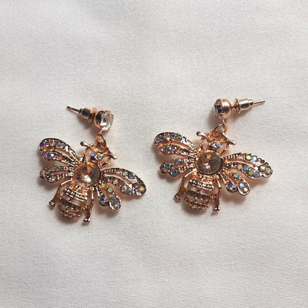 Gold Tone & Rainbow Crystal Bee Dangle Earrings